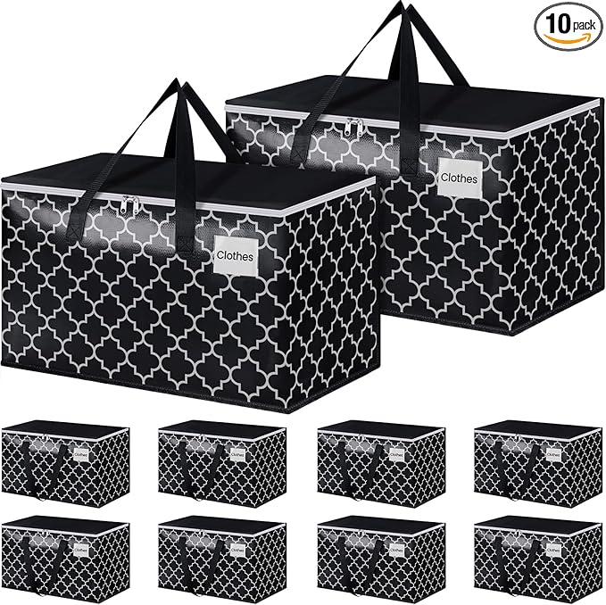 HomeHacks Heavy Duty Moving Bags with Tag Pockets, Collapsible Storage Totes for Moving, Camping & Travel -Foldable Packing Boxes, Zipper Handles, Black（10 Packs, 100L）