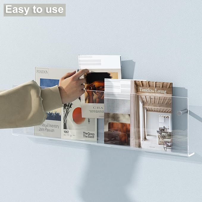 Acrylic Magazine Holder, 2 Pack Hanging Bookshelf Magazine Rack, Wall Mounted Floating Brochure Display for Waiting Room, Office, Home (Clear, 24 Inch)