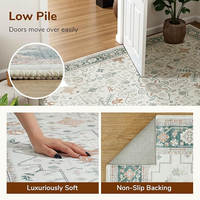 Lessymo Washable Entry Rug, 2x3 Cream Green Small Area Rugs for Bathroom Kitchen Entryway Laundry Bedroom, Non Slip Indoor Entrance Door Mat, Boho Oushak Geometric Floral Decor