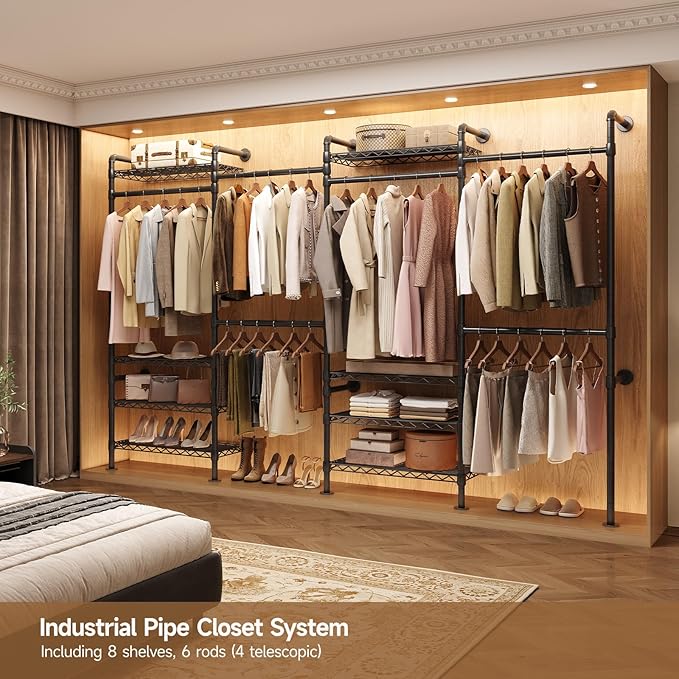 Wall Mounted Garment Rack, Industrial Pipe Metal Clothing Rack with 6 Hanging Rods (4 Expandable) & 8 Shelves, Closet Organizers and Storage System for Bedroom, Walk in Closet