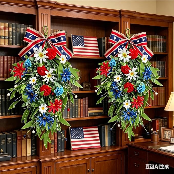 2 Pack 21'' Patriotic Swag Wreaths for Cabinets Artificial 4th of July Teardrop Wreath with Carnations and Daisies Red White Blue Floral for Independence Day Memorial Day Front Door Porch Window Wall