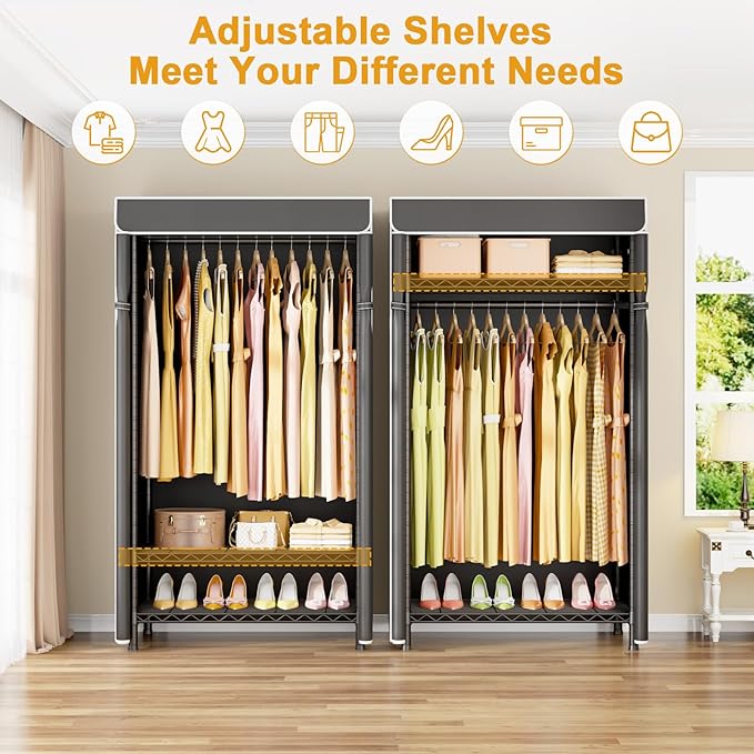 H5C Clothes Rack with Cover, Portable Closet for Hanging Clothes, Covered Clothing Racks Heavy Duty, Freestanding Garment Racks with Shelves Max Load 360LBS Black Closet Rack with Black Cover
