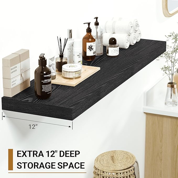 Vivelove Black Floating Shelves for Wall 48 Inches Wide, 12" Deep Wall Shelves for Bedroom, Bathroom, Living Room, Kitchen, Office, Home Decor Shelf with Invisible Brackets, 48X12X1.5 Set of 2