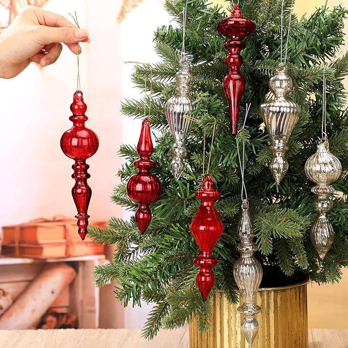 Mifoci 8 Pcs 6 Inch Mercury Glass Finial Christmas Ornaments Hanging Christmas Finials Glass Ornaments Assorted Mercury Decor for Vintage Holiday Xmas Tree Decoration(Red, Silver)