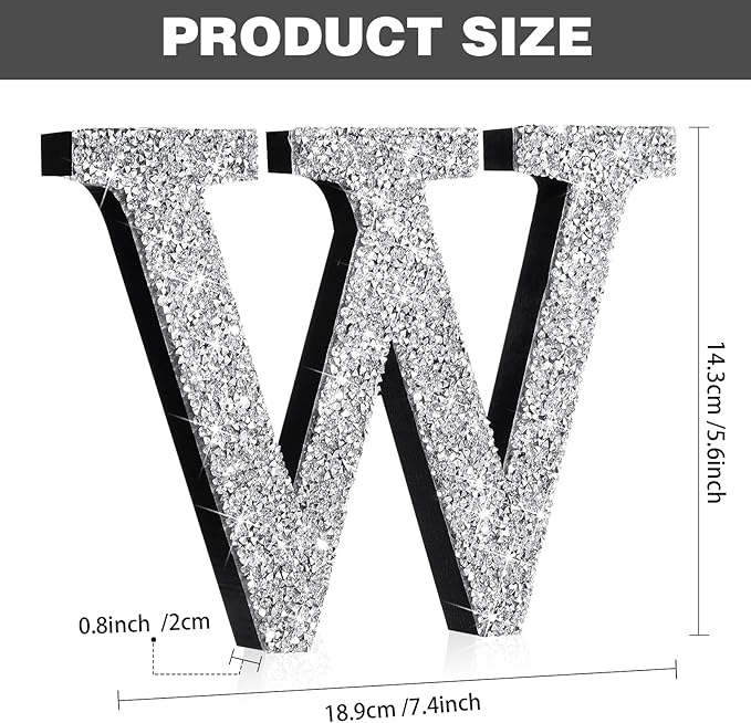 Qunclay 5.7" Silver Crystal Diamond Bling Letters Crushed Diamond Decoration Wooden Glitter Letter with Screw and Hooks Rhinestone Gift for Wedding Y2k Mcbling Bedroom Wall Decor (Letter W)