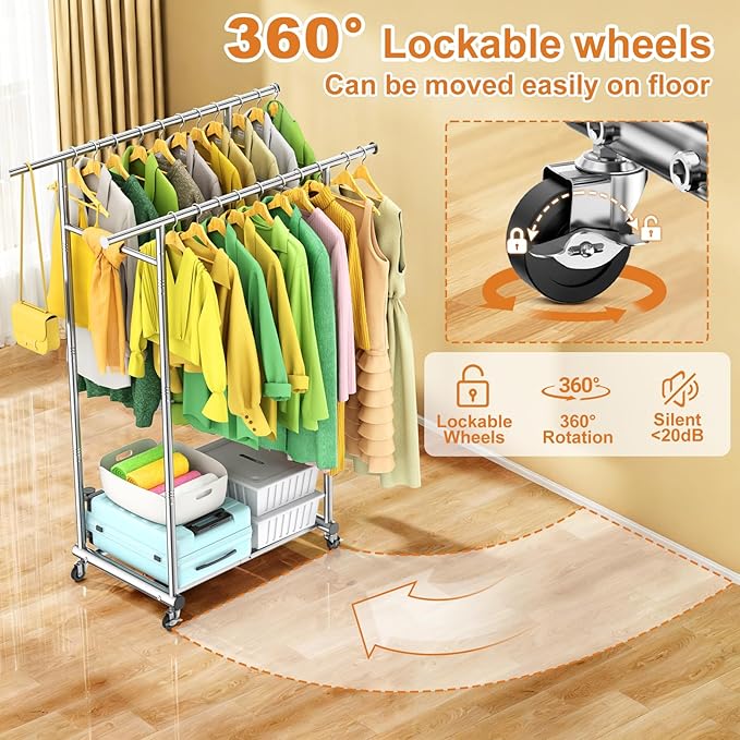 100% Stainless Steel Double Rods Clothes Rack, Heavy Duty Clothing Rack for Hanging Clothes with Sturdy Wheels & Shelves, Portable Rolling Garment Rack for Wardrobe Bedroom Laundry Living Room