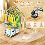 100% Stainless Steel Double Rods Clothes Rack, Heavy Duty Clothing Rack for Hanging Clothes with Sturdy Wheels & Shelves, Portable Rolling Garment Rack for Wardrobe Bedroom Laundry Living Room