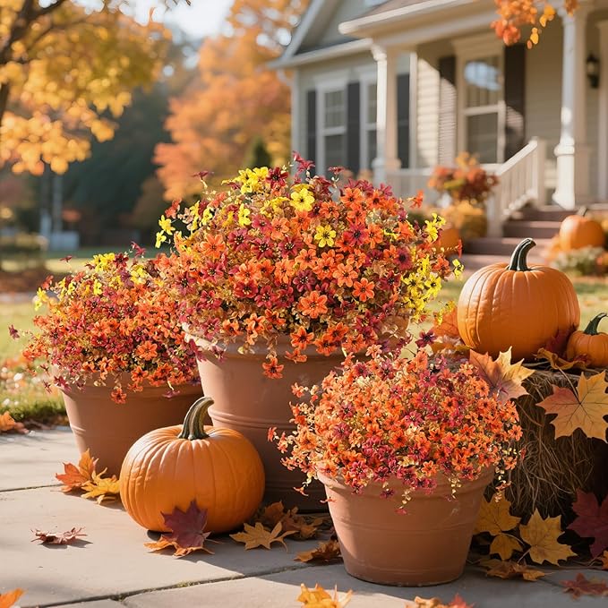 Artificial Mums Fake Fall Flowers for Outdoors Decoration, 12 Bundles Realistic Autumn Silk Daisy Faux Plants UV Resistant Decor for Home Garden Porch Patio Yard Balcony Window (Yellow Brown Orange)