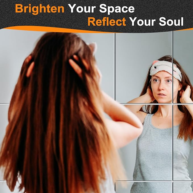Delma Frameless Mirror Tiles 16"x12"x12 Pcs Wall Mounted, Shatter Resistant Full Length Tempered Glass Panels for Home Gym Bathroom Bedroom & Living Room Decor
