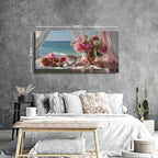 Vintage Pink Flower Wall Art Retro Flowers in Golden Vase Pictures Blue Ocean Coastal Landscape Canvas Prints Blossom Painting Poster Floral Artwork Living Room Bathroom Home Decoration 29.53x57.87"