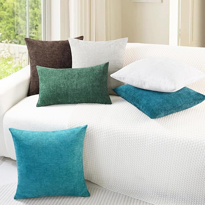CaliTime Throw Pillow Covers Decorative 16 X 26 Inches Pack of 2 Cozy Chenille Cushion Cases for Couch Sofa Bed Living Room Home Lake Blue