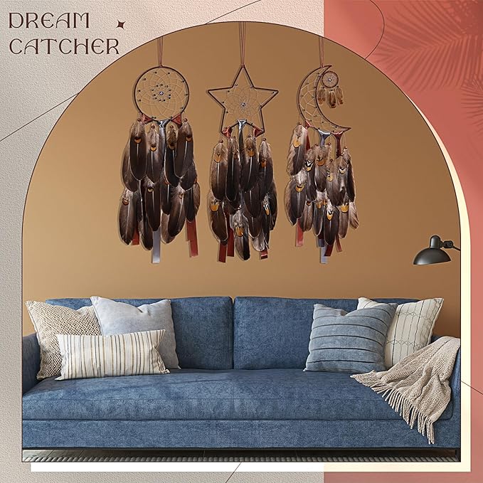 Jetec 3 Pcs Dream Catcher Moon Sun Star Design Handmade Traditional Design Craft Ornament Wall Art Hanging Home Decoration Bedroom Wedding(Brown)