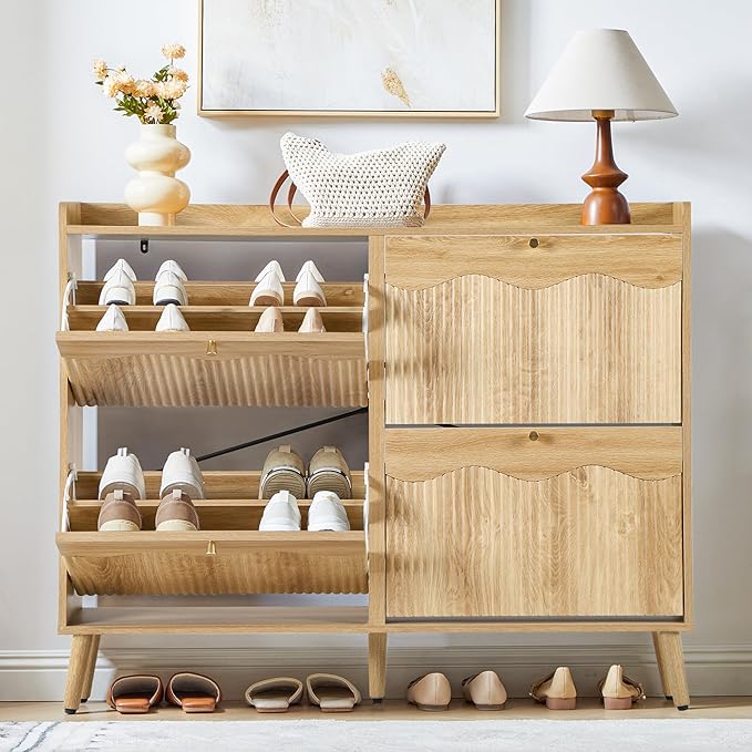 BERRYMERRY 47.2” Shoe Storage Cabinet for Entryway with 4 Flip Drawers, Narrow Shoe Organizer with Wave&Fluted Panel, Freestanding Wood Hidden Shoe Cabinet for Hallway