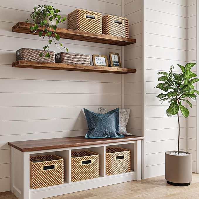 Fixwal Wood Floating Shelves for Wall, 47.2" Long Heavy Duty Wall Mounted Shelves for Living Room, Bedroom, Bathroom and Kitchen, Wall Shelves for Storage, Books, Room Decor (Rustic Brown, Set of 2)