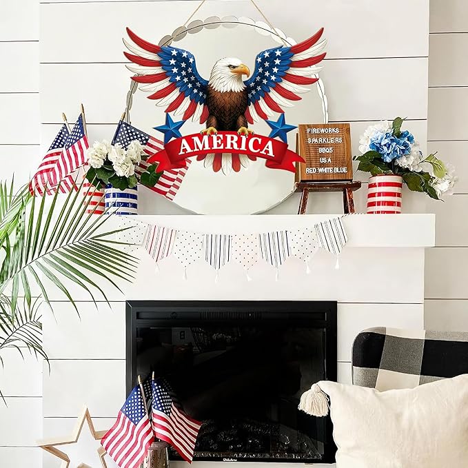 Wooden 4th of July Decoration Door Wreath for Front Door Sign America Eagle Wall Signs,250 Anniversary Independence Day Patriotic Day Wreath Welcome Memorial Day Hanging for Home Party Outdoor Indoor
