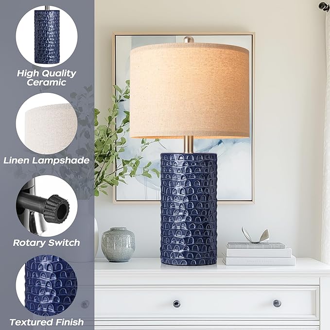 PARTPHONER 23" Modern Ceramic Table Lamp Set of 2, Table Lamps for Living Room, Rustic Farmhouse Bedside Lamps Nightstand lamp for Bedroom, Desk Lamp for End Table Home Decor Navy Blue