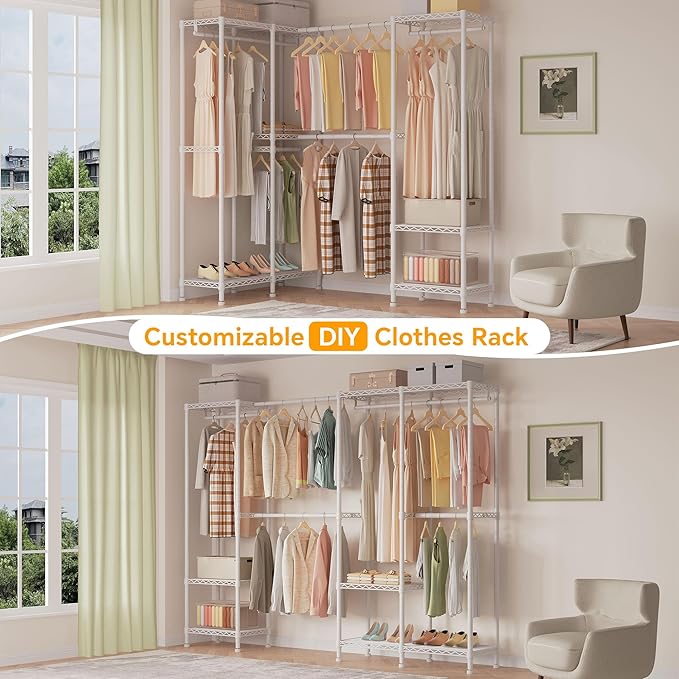 H7 Pro Heavy Duty Clothes Rack Large Garment Rack for Hanging Clothes, Freestanding Wardrobe Closet with Expandable Hanger Rods, Closet Organizer Storage, (79.1"-96.9") Lx15.7 Wx75.4 H, White