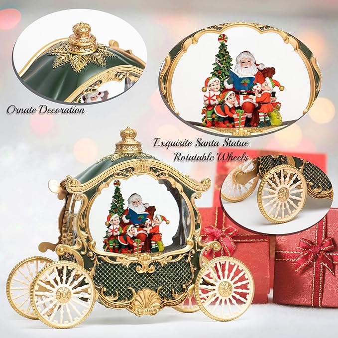 Christmas Santa Snow Globe, Green&Gold Carriage Musical Lighted Water Lantern, Swirling Glitter, USB Powered and Battery Operated, Xmas Home Décor Gift(Green Car)
