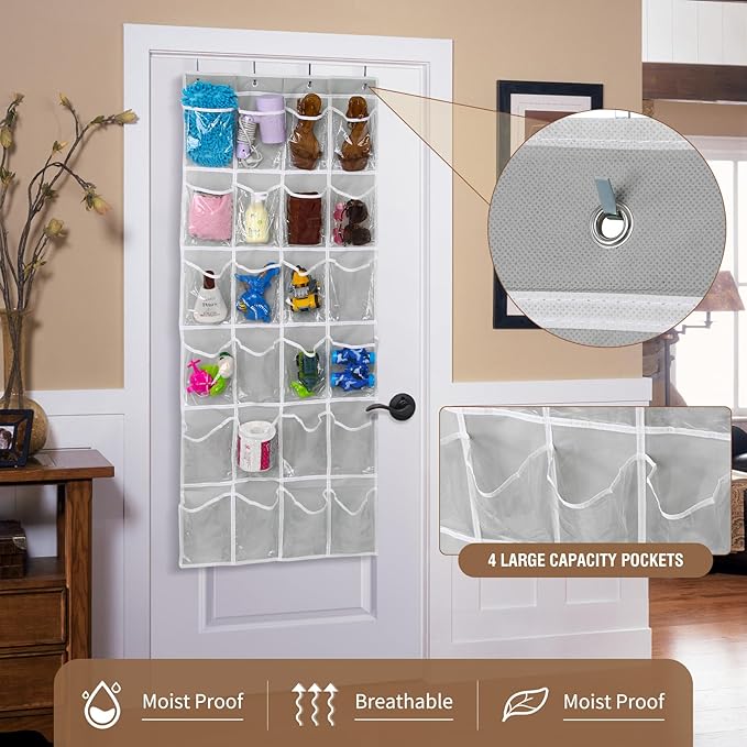 Over the Door 24 Pocket Hanging Shoe Organizer, Space Saving Hanging Storage Holder, Gray, (64" X 19")