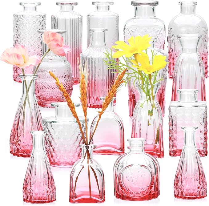 Brajttt Glass Bud Vase Set of 18,Small Glass Vintage Vases for Flowers,Pink Bud Vases in Bulk for Rustic Wedding Decor,Table Centerpieces,Decor Centerpiece for Bathroom