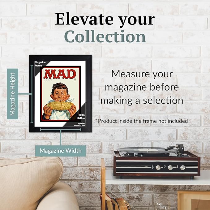 Creative Picture Frames 8 x 11 Magazine Frame with Full-Strength Glass, Holds Up To A 1/4" Thick Media with Installed Hangers for Easy Mounting, 10x12 Black Frame with White Mat