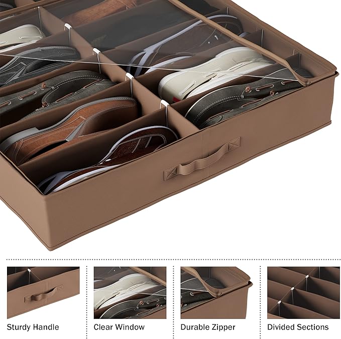 Under Bed Storage Shoe Organizer Bag with Clear Plastic Zippered Cover, Stores 12 Pairs of Shoes by Everyday Home (Brown)