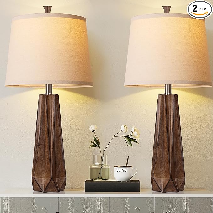WIHTU 3 Color Temperature Table Lamps Set of 2, Beside Lamp with Linen Shade, 27'' Wood Grain Color Modern Table Lamp for Living Room, Resin Desk Lamp for Nightstands Bedroom Decor (2 Bulbs Included)