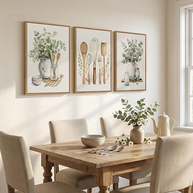 Framed Botanical Wall Art for Kitchen, 3 Piece Modern Farmhouse Sage Green Plant Canvas Painting Prints, Vintage Rustic Farmhouse Utensil Artwork for Kitchen Dining Room Coffee Bar Wall Decor, 16x24