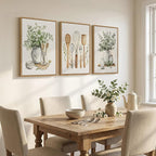 Framed Botanical Wall Art for Kitchen, 3 Piece Modern Farmhouse Sage Green Plant Canvas Painting Prints, Vintage Rustic Farmhouse Utensil Artwork for Kitchen Dining Room Coffee Bar Wall Decor, 16x24