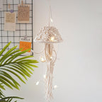Macrame Wall Hanging,Jellyfish Dream Catcher with Star Lights,Bohemian Woven Wall Art Decor Beautiful Apartment Dorm Room Door Decoration (White)