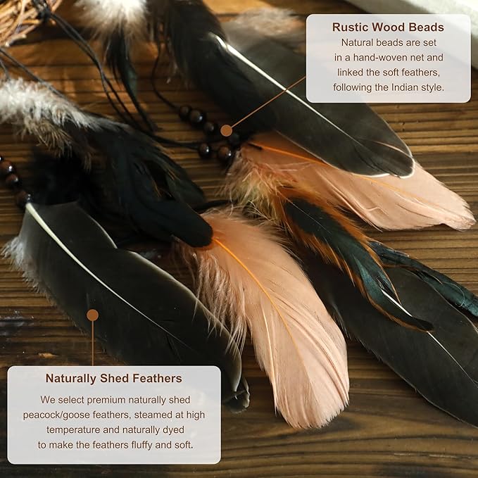 5 Pack Boho Dream Catcher Native American Wall Art Set, Handmade Natural Rattan Feathers Large Dreamcatcher Rustic Hanging Ornament Indian Wall Decor for Bedroom Adult
