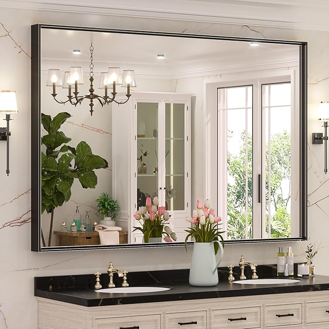 Keonjinn Black Mirror for Bathroom 60 x 40 Inch, Rectangular Matte Black Large Wall Vanity Mirrors, Metal Framed Rectangle Farmhouse Mirror, Modern Square Corner Framed Mirrors(Horizontal/Vertical)