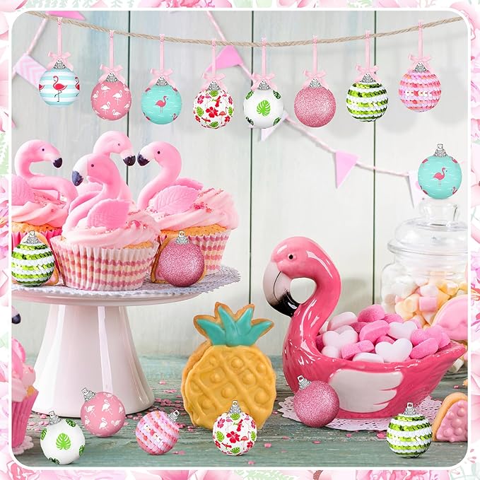 Zeyune 16 Pcs Summer Flamingos Tree Ornaments Summer Hanging Ornament Ball Tropical Palm Flamingo Hanging Home Decorations for Tree Tropical Party Holiday Decor
