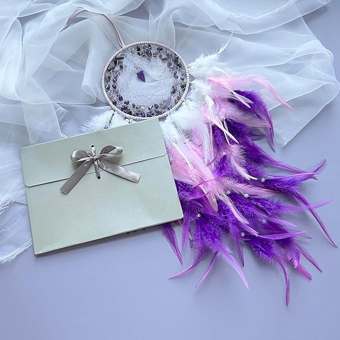 Purple Dream Catchers, Handmade Traditional Circular Net with Lucky Crystal Stones, Perfect Wall Hanging for Home Decor, Girl’s Bedroom, Art Ornament Craft Gift (Purple and Pink)