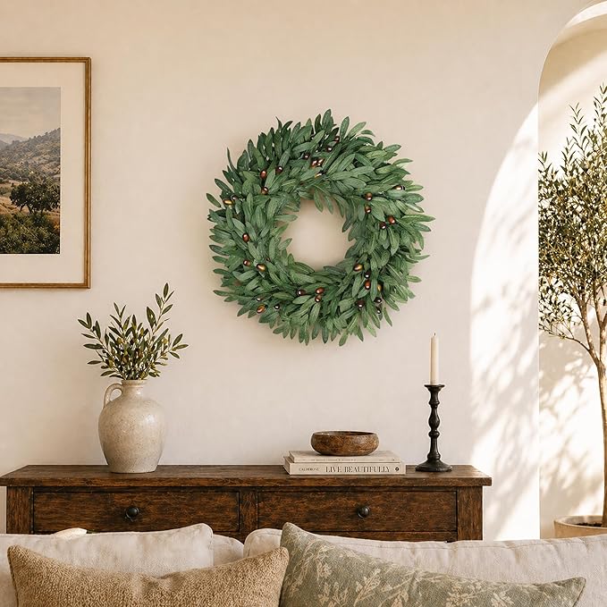 Olive Eucalyptus Wreaths for Front Door 22 Inch, Artificial Waterproof Green Olive Branch Wreath with Berry for Home Outdoor Indoor Farmhouse Window Spring Summer All Seasons