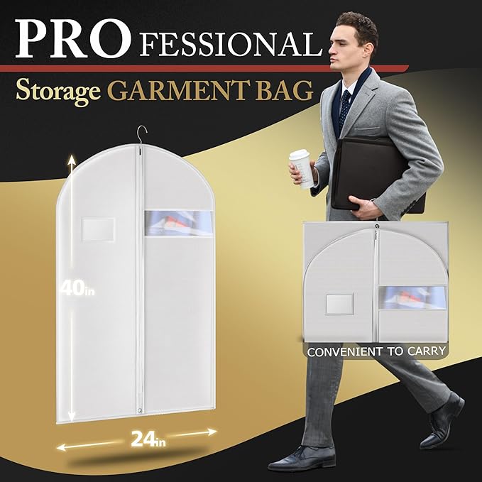 40-inch Suit Bag Garment Bag for Travel and Storage, Garment Bags for Hanging Clothes with Zipper and Visible Transparent Window, White 1 pack