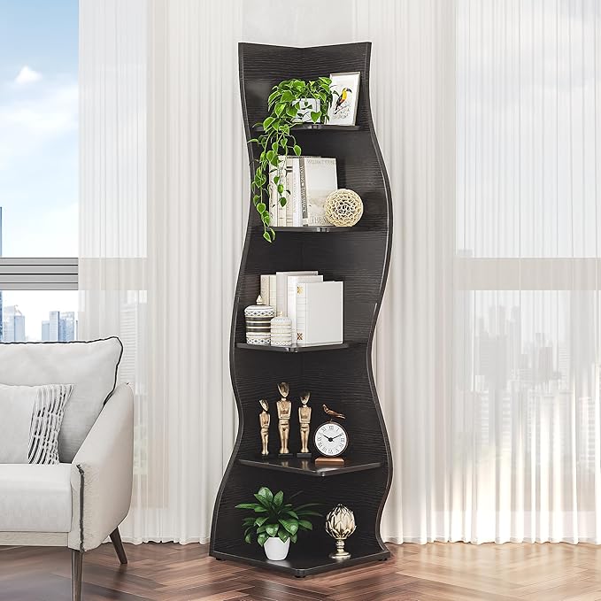 VECELO Wavy Corner Shelf, Decorative 6-Tier Corner Display Bookshelf, Tall Storage Organizer for Small Spaces, Living Room or Bedroom, Black