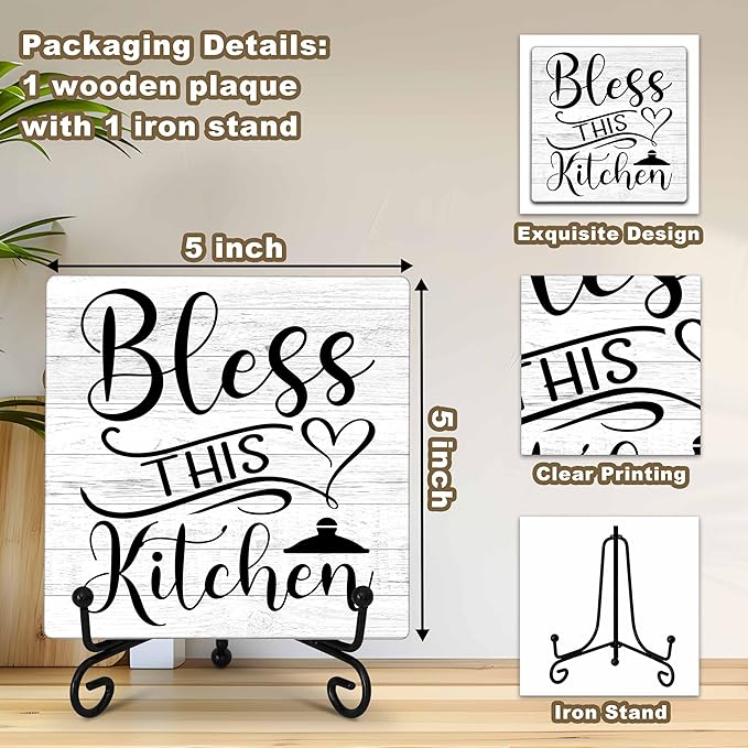 Kitchen Counter Decor, Table Decorations for Dining Room, Blessd Sign, Fun Farmhouse Kitchen Wooden Plaque with Iron Stand for Table Shelf Display-A02