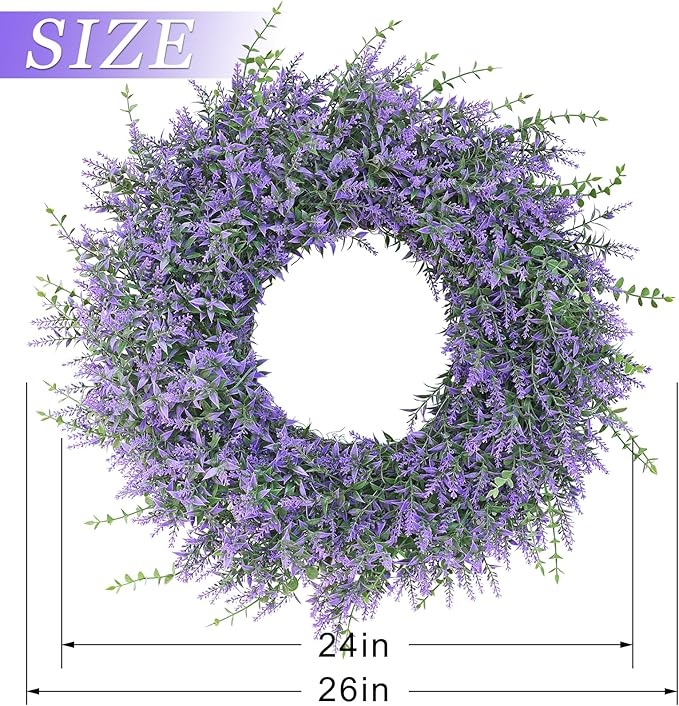 26" Lavender & Eucalyptus Wreath for Front Door, Porch, Window - Large Artificial Greenery Outdoor Wreath for Home, Farmhouse Decor - Spring, Summer, Fall, All Seasons (Purple)