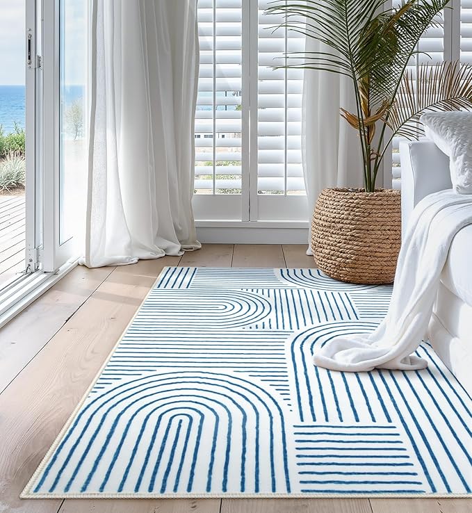Lahome Abstract Washable Rugs, 4x6 Blue Rug for Bedroom Nursery Soft Non Slip Modern Living Room Rug, Ultra-Thin Non-Shedding Throw Carpet for Entryway Kitchen Office(4'x6',Blue/White)