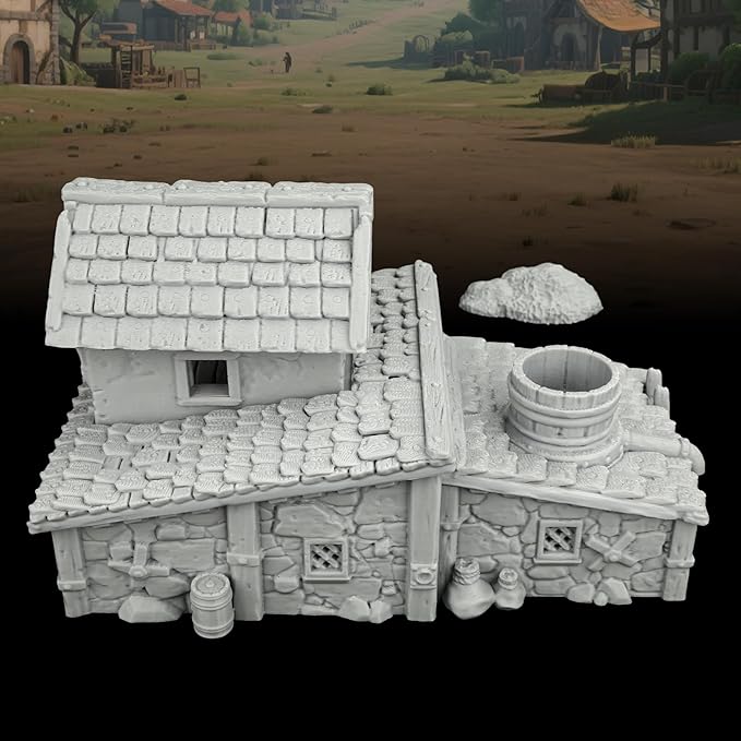 Unpainted 3D Printed Tabletop RPG Terrain–25 Scale Map Props for Trench Crusade & DND Bundle,Gable Roof Medieval Residence Scenery – Medieval Village F AF1124F