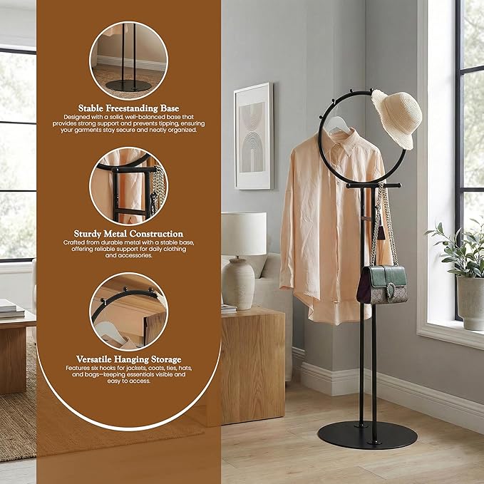 Kings Brand Furniture Cheska Suit Valet Stand with Circular Frame - Tie Jacket Clothes Hooks, Freestanding Clothing Organizer, Black