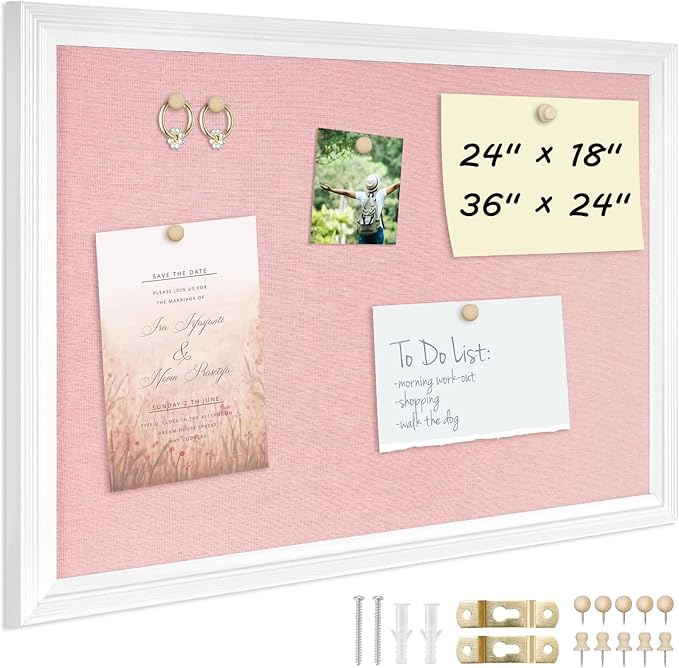DOLLAR BOSS Bulletin Board with Linen 24'' x 18'' White Framed Cork Boards for Walls, Photo Display Pin Board, Decorative Corkboard for Office Home School Girls Dorm Decor with 10 Pushpins, Pink