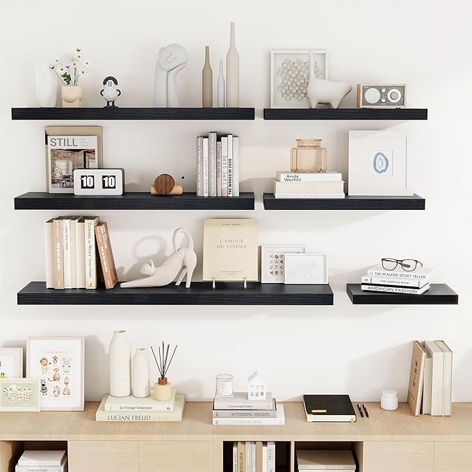 Acovy 24 Inch Floating Shelves, 24"x9.25"x1.5" Inch Deep Floating Shelves for Wall, Wooden Shelves for Bathroom, Bedroom, Living Room, Black, 2 Pieces