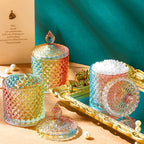 Aoriher 4 Pcs Crystal Glass Candy Jar Set with Lids Home Decorative Storage Jars for Apothecary, Bathroom, Kitchen, and Pantry, Ideal for Cotton Swabs and Jewelry(Medium,Colorful)