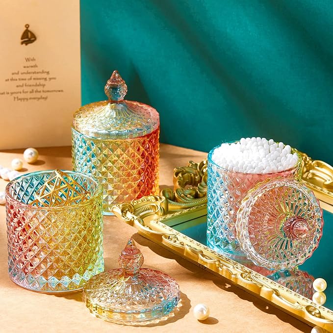 Aoriher 4 Pcs Crystal Glass Candy Jar Set with Lids Home Decorative Storage Jars for Apothecary, Bathroom, Kitchen, and Pantry, Ideal for Cotton Swabs and Jewelry(Medium,Colorful)
