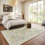 Light Green 5x7 Area Rug - Vintage Floral Washable Bedroom Rug for Living Room, Nursery, Dining Room - Low Pile, Non-Slip, Stain Resistant, Retro Indoor Floor Rug