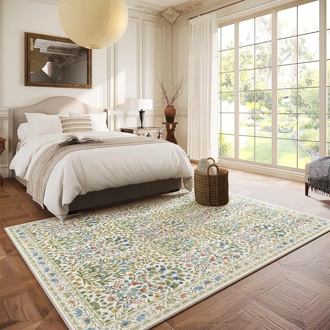 Light Green 5x7 Area Rug - Vintage Floral Washable Bedroom Rug for Living Room, Nursery, Dining Room - Low Pile, Non-Slip, Stain Resistant, Retro Indoor Floor Rug
