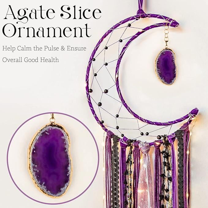 Witchy Crescent Moon Dream Catcher with Purple Agate, Witch Pagan Woven Wall Hanging Dreamcatcher with Light, Gothic Wiccan Hippie Decor with Ornament Decoration Women Gift for Bedroom Christmas