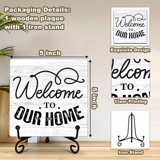 Welcome Home Sign, Welcome to Our Home Sign, Kitchen Decor and Accessories, Farmhouse Wooden Plaque with Iron Stand for Desk Shelf Decor-A16